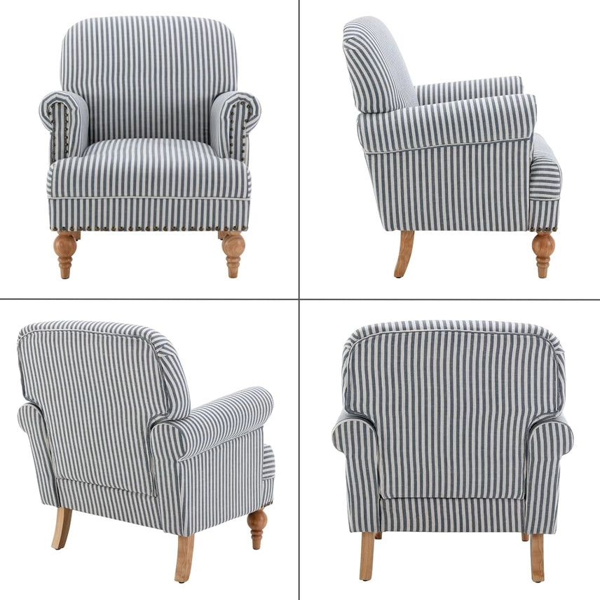 Four views of a striped armchair with wooden legs on a white background , Blue striped coastal accent chair with rolled arms, nailhead trim, and solid wood legs Callista Home