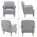 Four views of a striped armchair with wooden legs on a white background , Blue striped coastal accent chair with rolled arms, nailhead trim, and solid wood legs Callista Home