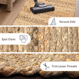 A woven natural-fiber rug shown in a three-panel feature graphic. The top panel shows a black vacuum head on the rug with text reading 'Vacuum Safe. Callista Home