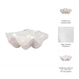 White polyresin shell decor piece with text highlighting features on a white background Callista Home