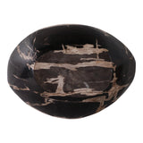 A dark brown polished stone bowl with natural beige and light brown veining, shown from a top-down view on a white background. Callista Home