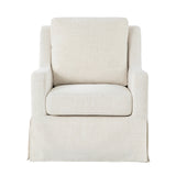 A classic slipcovered armchair with a high back, wide armrests, and a skirted base, upholstered in a textured cream linen fabric.