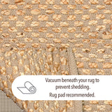 Close-up of a woven natural-fiber rug in beige and tan tones, with a white informational banner overlaid at the bottom containing text about vacuuming beneath the rug and a recommended rug pad. Callista Home