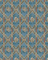 A close-up of a repeating fabric or wallpaper pattern featuring a blue background with a diamond lattice design, cream floral motifs, and vertical rust-red stripes. Guirlandes de Fleurs 1A blue floral French wallpaper  Callista Home