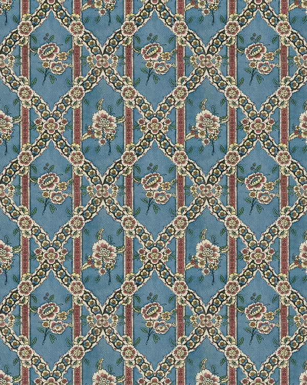 A close-up of a repeating fabric or wallpaper pattern featuring a blue background with a diamond lattice design, cream floral motifs, and vertical rust-red stripes. Guirlandes de Fleurs 1A blue floral French wallpaper  Callista Home