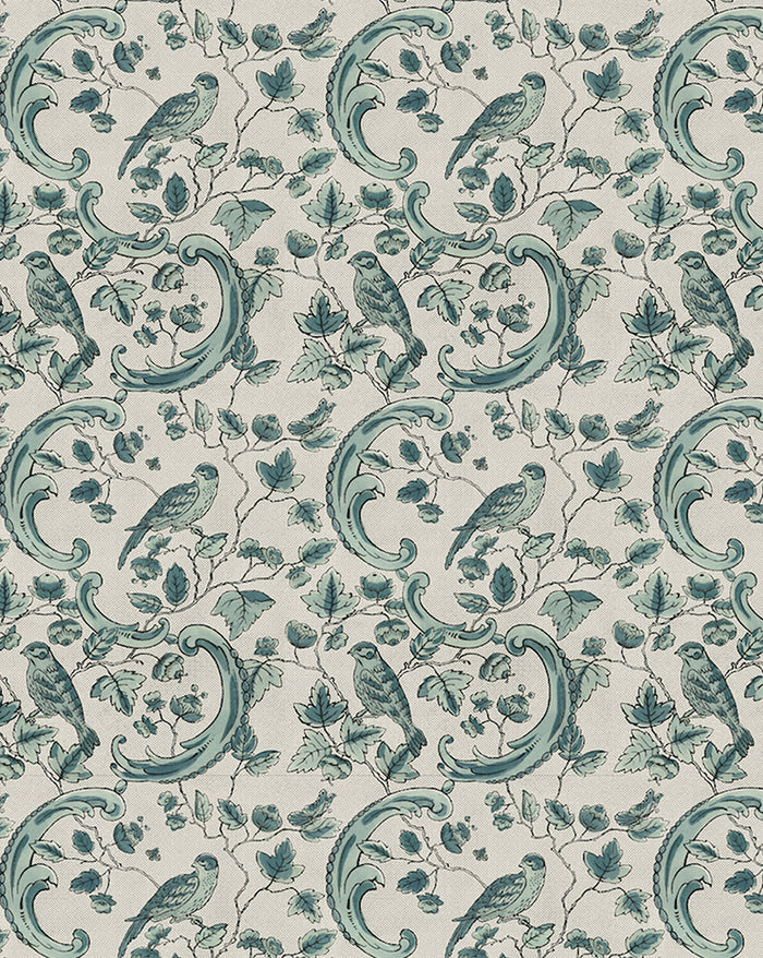 Oiseaux & Feuillages 24A French wallpaper by Antoinette Poisson featuring an elegant bird and foliage pattern inspired by historic domino papers. Callista Home