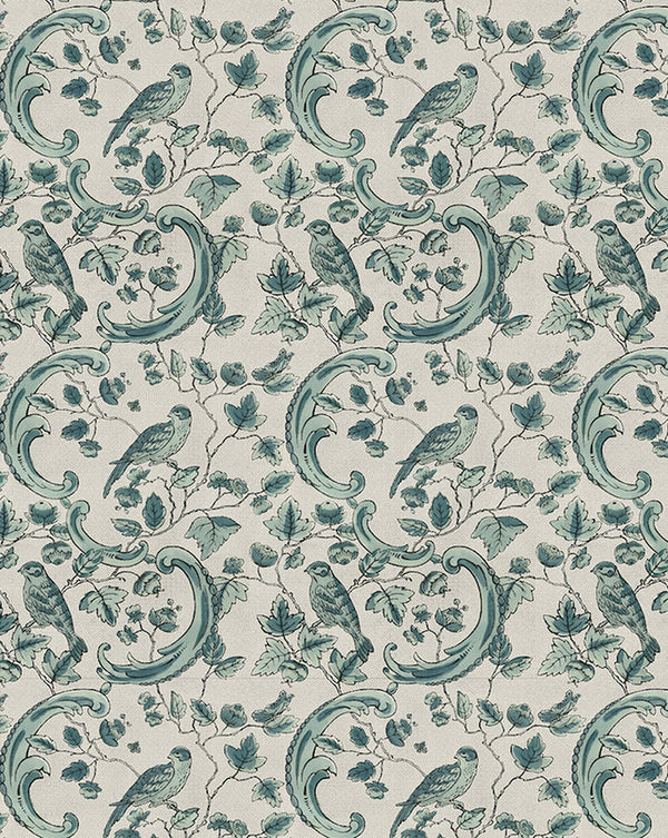 Oiseaux & Feuillages 24A French wallpaper by Antoinette Poisson featuring an elegant bird and foliage pattern inspired by historic domino papers. Callista Home