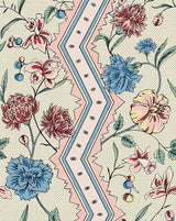 A repeating vintage-style floral pattern on a cream polka-dot background, featuring large blue and burgundy flowers, smaller pink blossoms, green leaves, and a central zigzag stripe in light blue and pink.