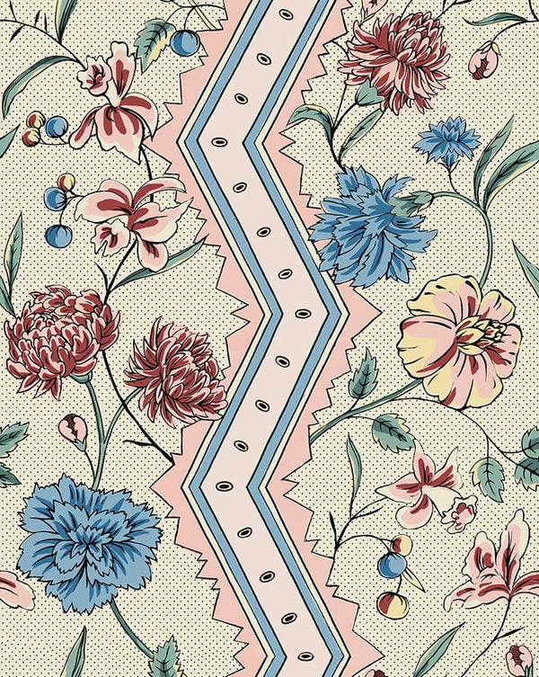 A repeating vintage-style floral pattern on a cream polka-dot background, featuring large blue and burgundy flowers, smaller pink blossoms, green leaves, and a central zigzag stripe in light blue and pink.