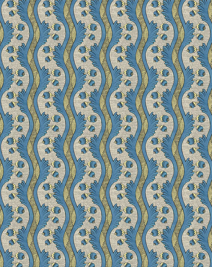 Wavy patterned fabric with blue and beige colors, Grenades 2A botanical pomegranate French wallpaper Callista Home