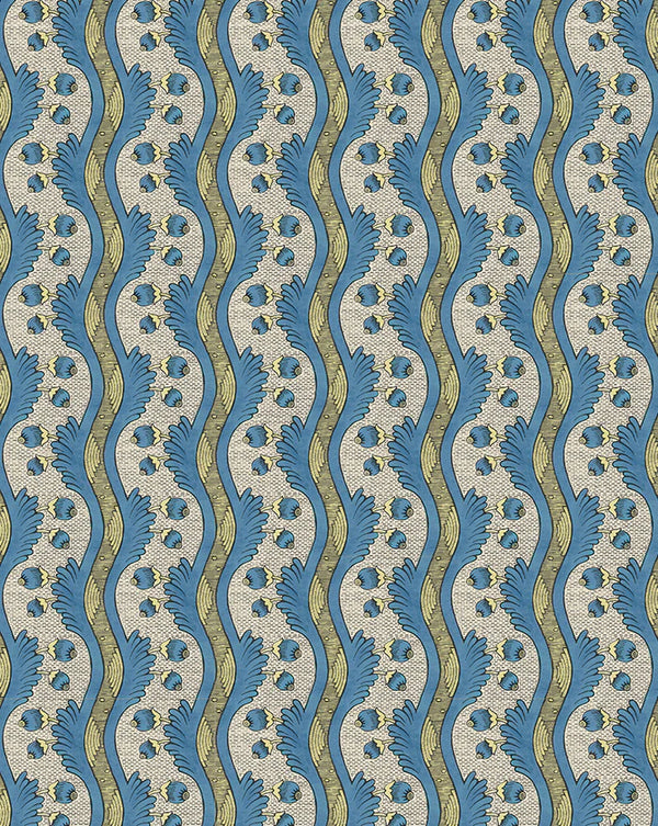 Wavy patterned fabric with blue and beige colors, Grenades 2A botanical pomegranate French wallpaper Callista Home