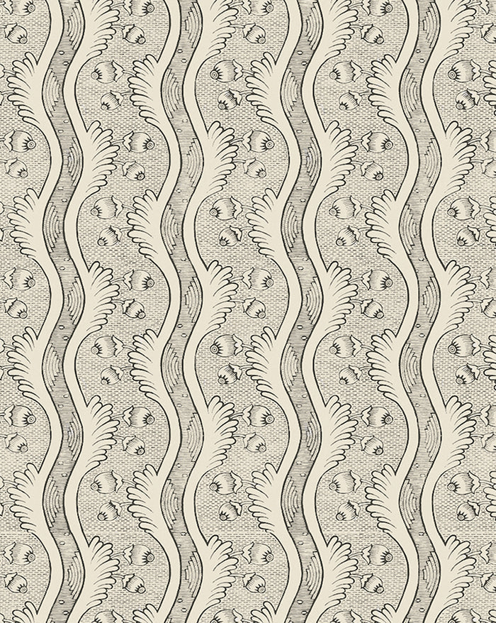 Grenades Wallpaper Panel by Antoinette Poisson featuring a historic French pomegranate botanical pattern inspired by 18th-century domino papers.