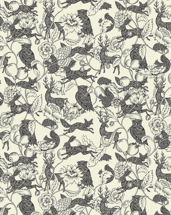 Crépuscules Noir & Blanc wallpaper panel by Antoinette Poisson featuring a dramatic black and white French decorative pattern.