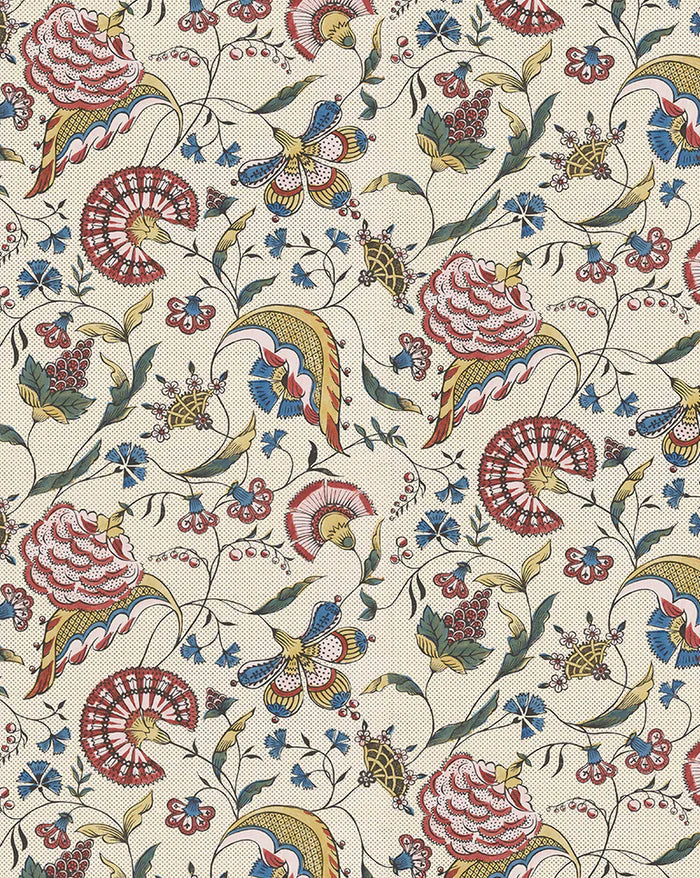 A close-up of a fabric or wallpaper pattern featuring a dense botanical and bird motif on a warm cream background. The design includes red and pink flowers, blue birds, green leaves, and yellow accents in a repeating all-over print. Callista Home