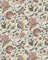 A close-up of a fabric or wallpaper pattern featuring a dense botanical and bird motif on a warm cream background. The design includes red and pink flowers, blue birds, green leaves, and yellow accents in a repeating all-over print. Callista Home