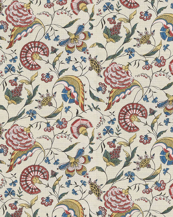 A close-up of a fabric or wallpaper pattern featuring a dense botanical and bird motif on a warm cream background. The design includes red and pink flowers, blue birds, green leaves, and yellow accents in a repeating all-over print. Callista Home