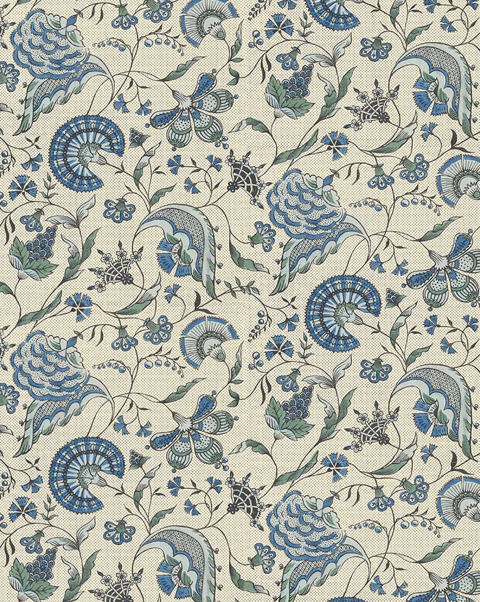 Patterned wallpaper with blue and green floral and leaf design on a beige background Callista Home