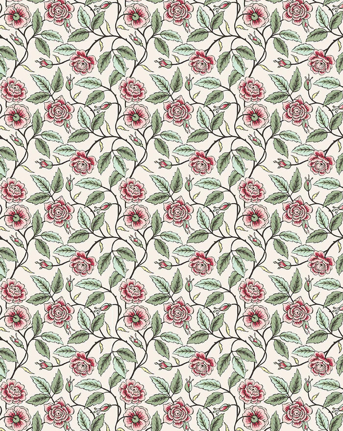 A repeating floral pattern featuring red-pink roses with green leaves and dark stems on a warm off-white background. Callista Home