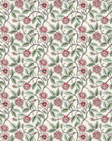 A repeating floral pattern featuring red-pink roses with green leaves and dark stems on a warm off-white background. Callista Home
