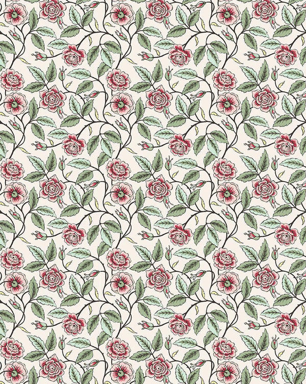 A repeating floral pattern featuring red-pink roses with green leaves and dark stems on a warm off-white background. Callista Home