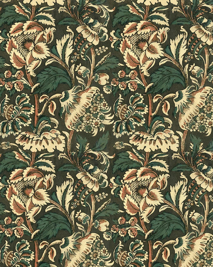 Floral patterned fabric with intricate design on a dark background , Grands Pavots 59A large-scale floral poppy French wallpaper Callista Home