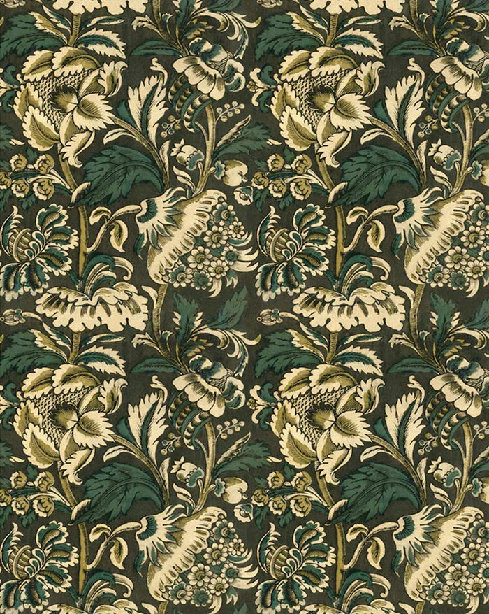 Floral patterned fabric with green and beige colors on a dark background, Grands Pavots Wallpaper 59B by Antoinette Poisson featuring a decorative French floral pattern inspired by historic domino papers. Callista Home