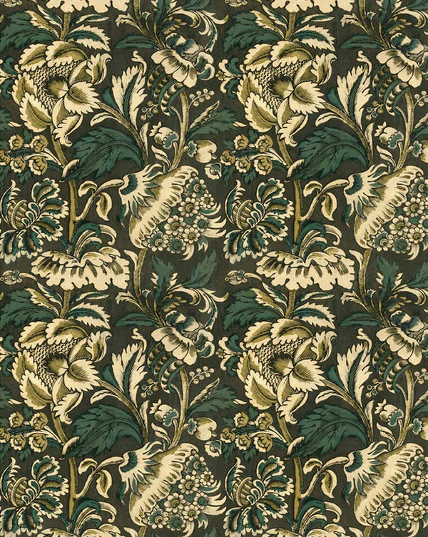 Floral patterned fabric with green and beige colors on a dark background, Grands Pavots Wallpaper 59B by Antoinette Poisson featuring a decorative French floral pattern inspired by historic domino papers. Callista Home