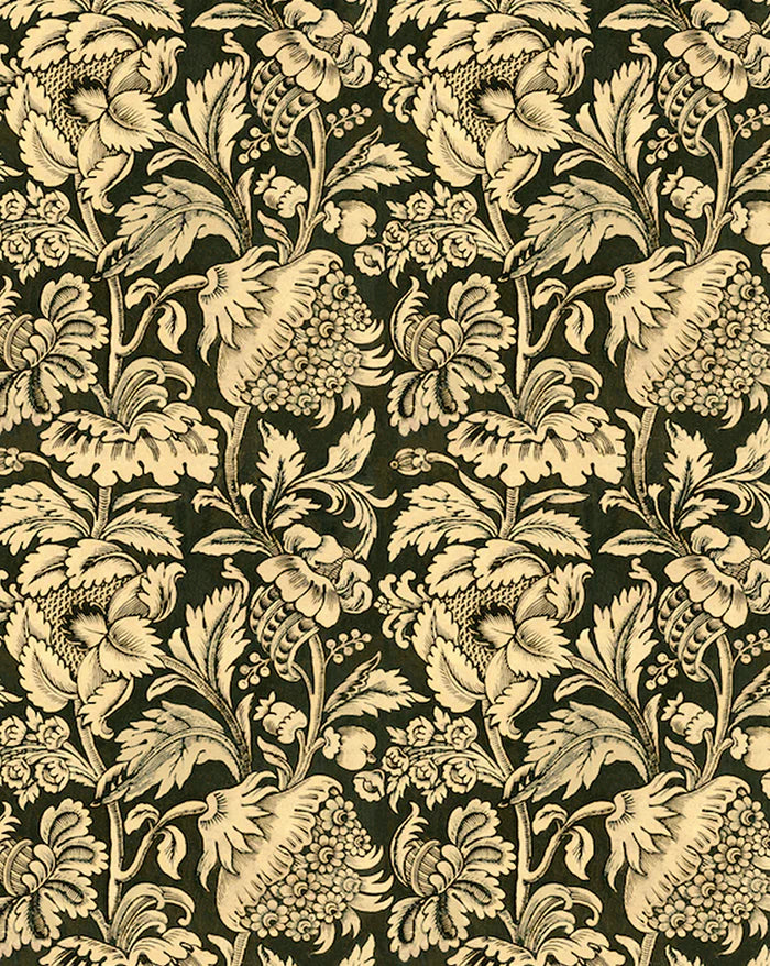 Decorative floral pattern with beige flowers on a black background , Grands Pavots Wallpaper 59C by Antoinette Poisson featuring a large-scale French floral pattern inspired by historic 18th-century domino papers. Callista Home