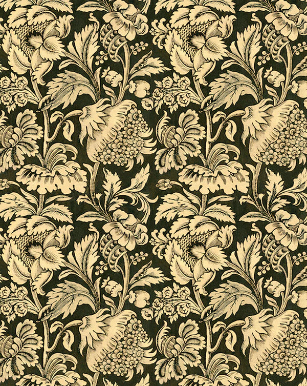 Decorative floral pattern with beige flowers on a black background , Grands Pavots Wallpaper 59C by Antoinette Poisson featuring a large-scale French floral pattern inspired by historic 18th-century domino papers. Callista Home