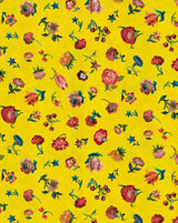 Bright yellow fabric with a dense, repeating floral pattern featuring pink, red, and orange flowers with green and blue leaves. Bien Aimée Wallpaper Panel 62 by Antoinette Poisson featuring elegant French floral motifs inspired by the Bien Aimée fragrance collection. Callista Home