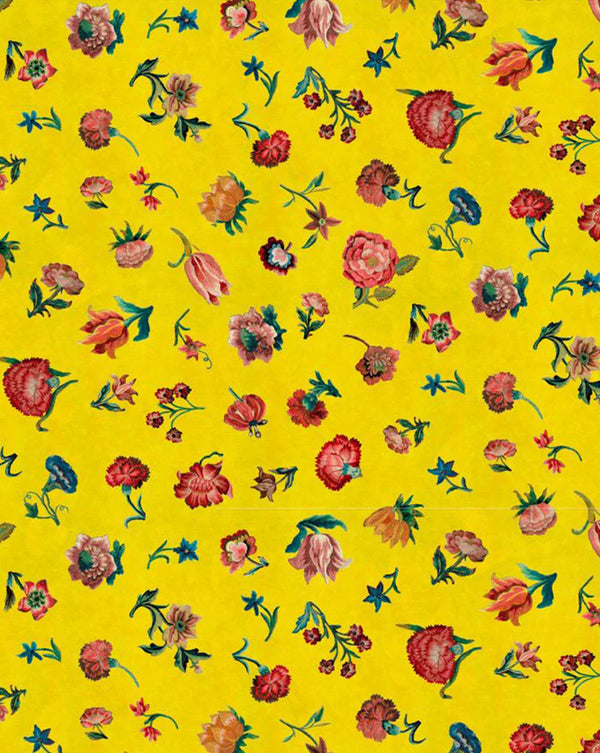 Bright yellow fabric with a dense, repeating floral pattern featuring pink, red, and orange flowers with green and blue leaves. Bien Aimée Wallpaper Panel 62 by Antoinette Poisson featuring elegant French floral motifs inspired by the Bien Aimée fragrance collection. Callista Home