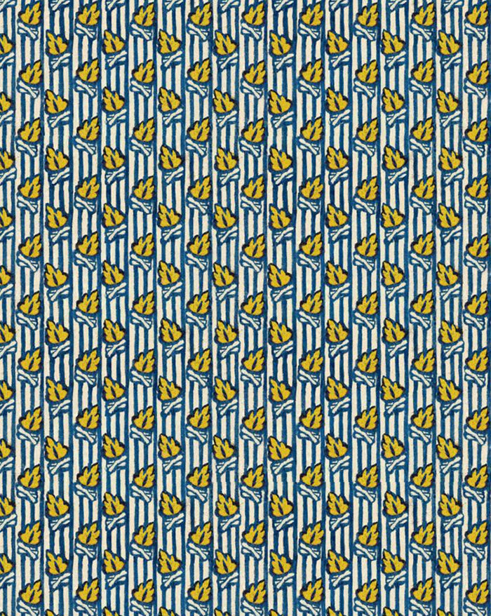 A repeating vertical pattern featuring yellow palm fronds on a blue and white striped background. Callista Home