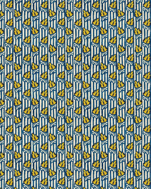 A repeating vertical pattern featuring yellow palm fronds on a blue and white striped background. Callista Home