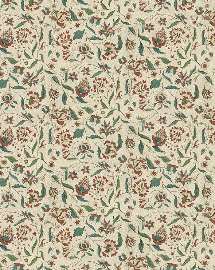 A repeating floral pattern on a warm cream background, featuring muted green leaves, rust-red flowers, and small blue accents. Callista Home