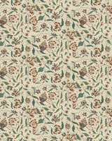 A repeating floral pattern on a warm cream background, featuring muted green leaves, rust-red flowers, and small blue accents. Callista Home