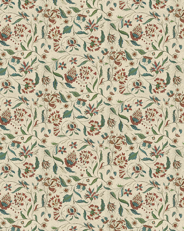 A repeating floral pattern on a warm cream background, featuring muted green leaves, rust-red flowers, and small blue accents. Callista Home
