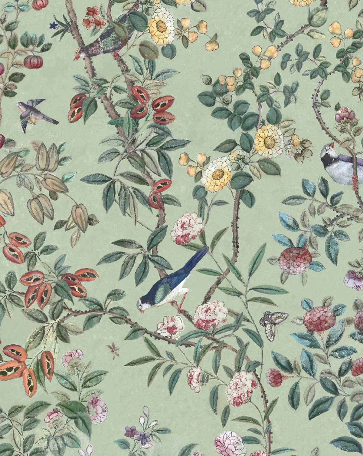 A repeating botanical pattern featuring green leaves, pink and yellow flowers, butterflies, and small birds on a pale sage green background. Callista Home