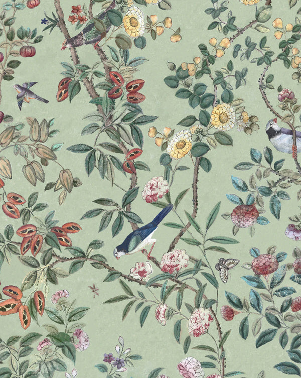 A repeating botanical pattern featuring green leaves, pink and yellow flowers, butterflies, and small birds on a pale sage green background. Callista Home