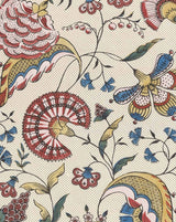 A close-up of a repeating textile or wallpaper pattern on a warm cream background, featuring stylized floral and paisley motifs in red, blue, mustard yellow, and green with a fine black dotted ground. Callista Home
