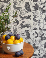Crépuscules Noir & Blanc wallpaper panel by Antoinette Poisson featuring a dramatic black and white French decorative pattern.
