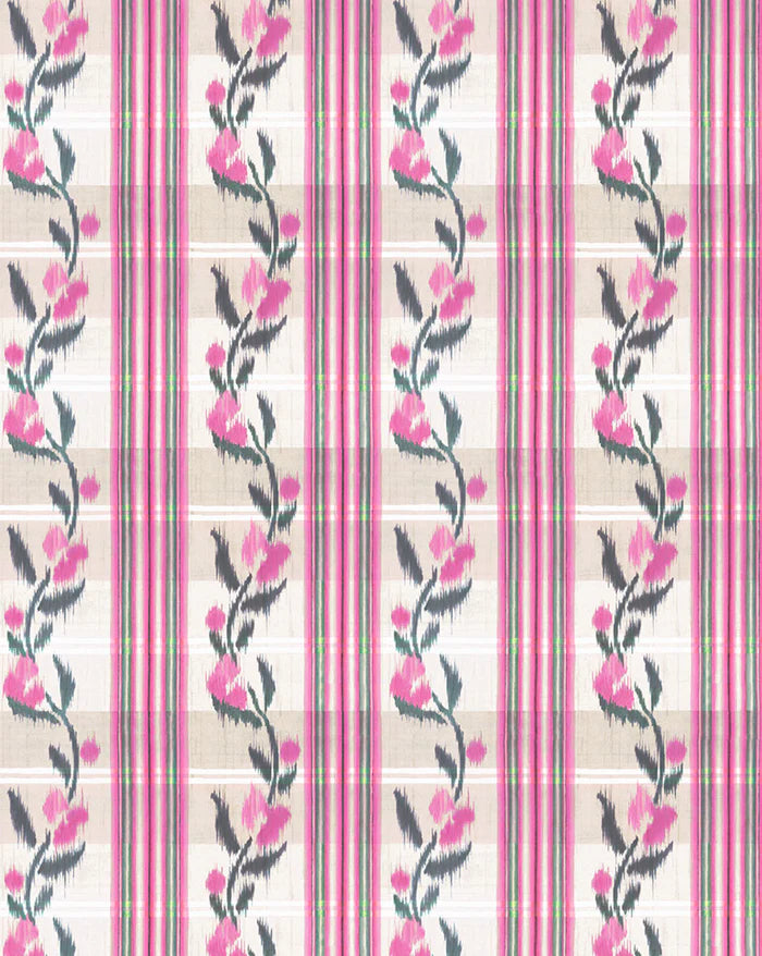 Pattern with pink floral vines on a striped background