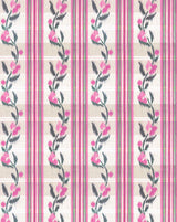 Pattern with pink floral vines on a striped background