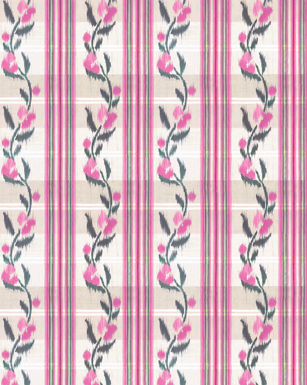 Pattern with pink floral vines on a striped background