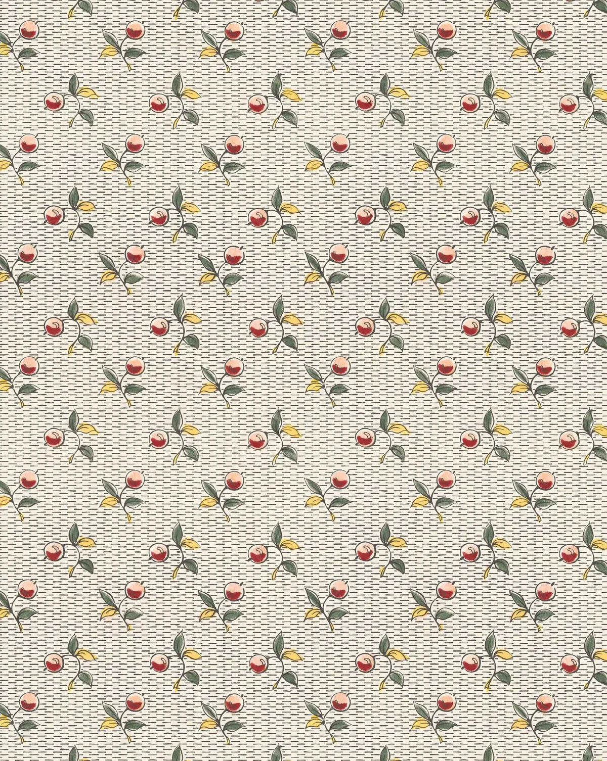 A repeating pattern of small red cherries with green leaves and yellow accents on a light beige background with a subtle wavy texture. Baies 56A botanical berry French linen fabric Callista Home