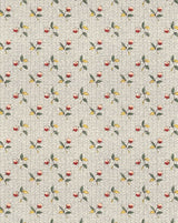 A repeating pattern of small red cherries with green leaves and yellow accents on a light beige background with a subtle wavy texture. Baies 56A botanical berry French linen fabric Callista Home