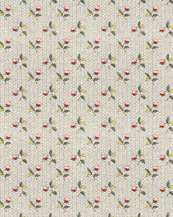 A repeating pattern of small red cherries with green leaves and yellow accents on a light beige background with a subtle wavy texture. Baies 56A botanical berry French linen fabric Callista Home