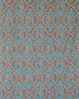 A close-up of a repeating fabric or wallpaper pattern with a turquoise blue background, cream and pink floral motifs, and a brown geometric lattice design. Callista Home