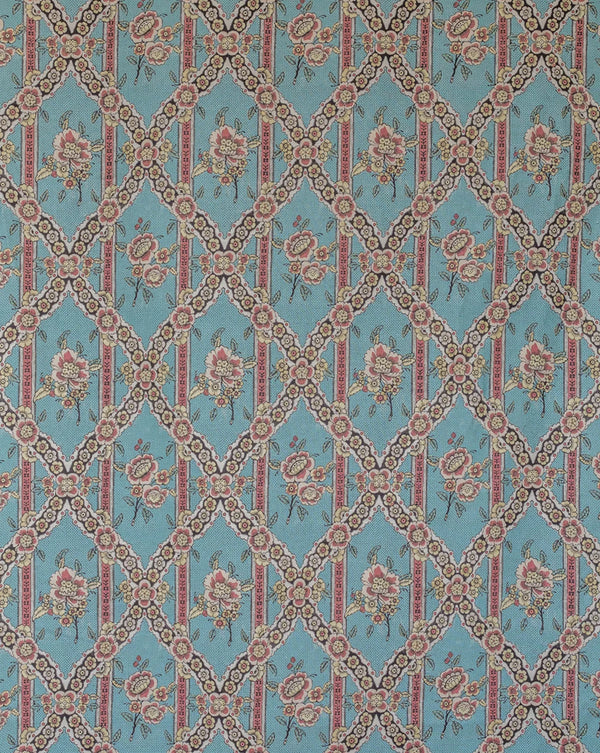 A close-up of a repeating fabric or wallpaper pattern with a turquoise blue background, cream and pink floral motifs, and a brown geometric lattice design. Callista Home