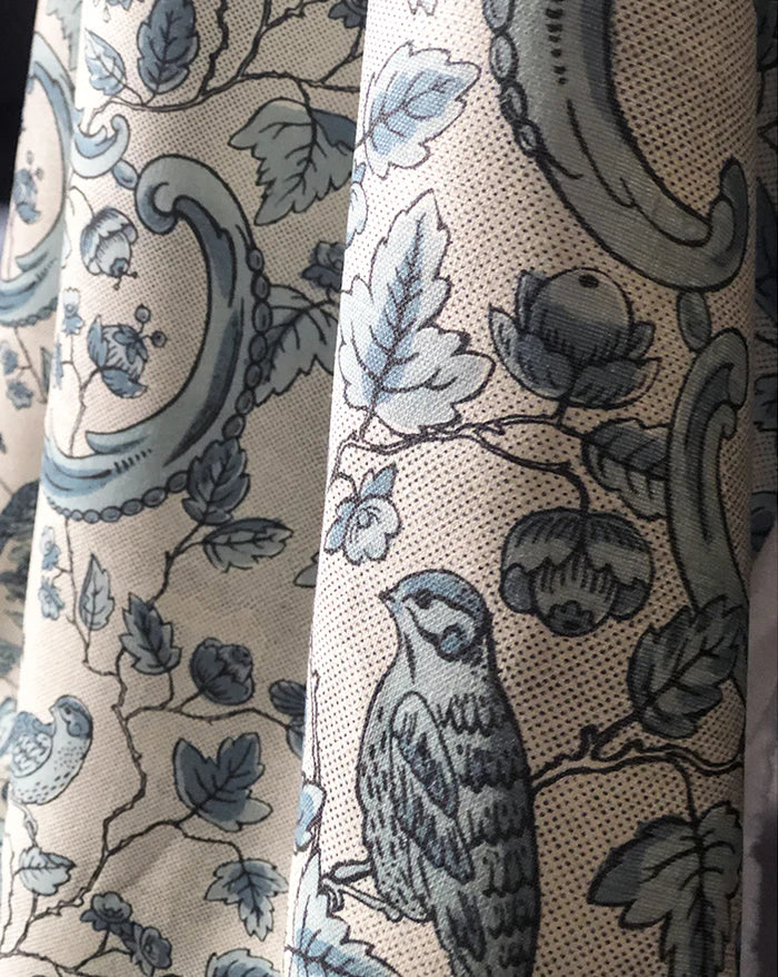 Oiseaux & Feuillage 24A botanical bird print French linen fabric by Antoinette Poisson Callista Home
