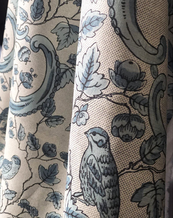Oiseaux & Feuillage 24A botanical bird print French linen fabric by Antoinette Poisson Callista Home
